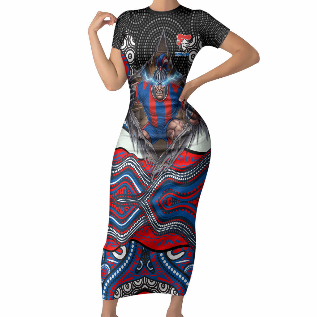 Newcastle Knights Short Sleeve Bodycon Dress The Scream of Lightning Eyes - Indigenous Dot Ripping Effect