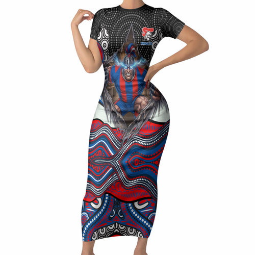 Newcastle Knights Short Sleeve Bodycon Dress The Scream of Lightning Eyes - Indigenous Dot Ripping Effect