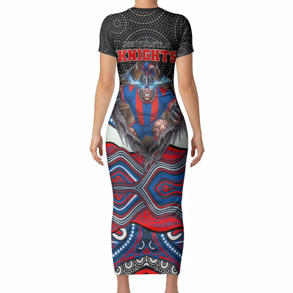 Newcastle Knights Short Sleeve Bodycon Dress The Scream of Lightning Eyes - Indigenous Dot Ripping Effect