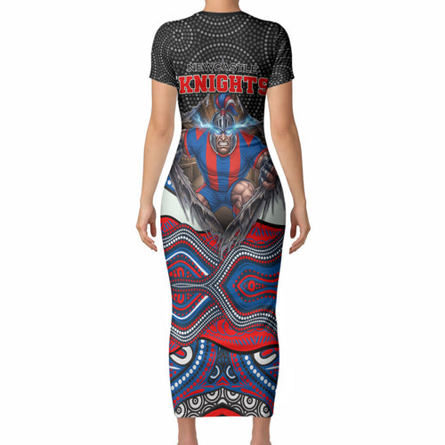 Newcastle Knights Short Sleeve Bodycon Dress The Scream of Lightning Eyes - Indigenous Dot Ripping Effect