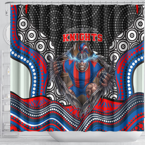 Newcastle Knights Shower Curtain The Scream of Lightning Eyes - Indigenous Dot Ripping Effect
