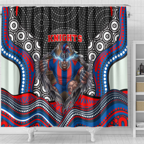 Newcastle Knights Shower Curtain The Scream of Lightning Eyes - Indigenous Dot Ripping Effect