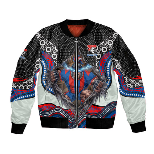 Newcastle Knights Sleeve Zip Bomber Jacket The Scream of Lightning Eyes - Indigenous Dot Ripping Effect