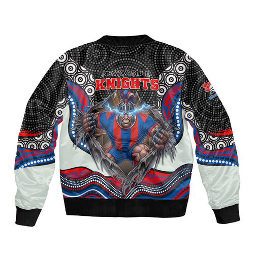 Newcastle Knights Sleeve Zip Bomber Jacket The Scream of Lightning Eyes - Indigenous Dot Ripping Effect