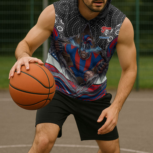 Newcastle Knights Sleeveless Hoodie The Scream of Lightning Eyes - Indigenous Dot Ripping Effect