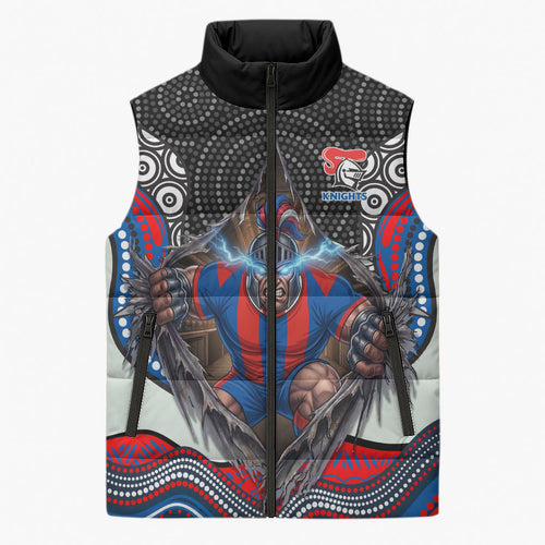 Newcastle Knights Sleeveless Puffer Jacket The Scream of Lightning Eyes - Indigenous Dot Ripping Effect