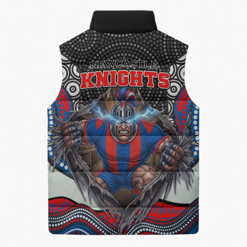 Newcastle Knights Sleeveless Puffer Jacket The Scream of Lightning Eyes - Indigenous Dot Ripping Effect