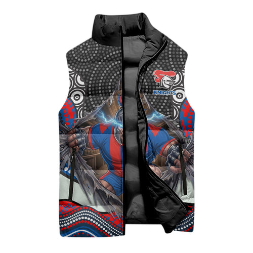 Newcastle Knights Sleeveless Puffer Jacket The Scream of Lightning Eyes - Indigenous Dot Ripping Effect
