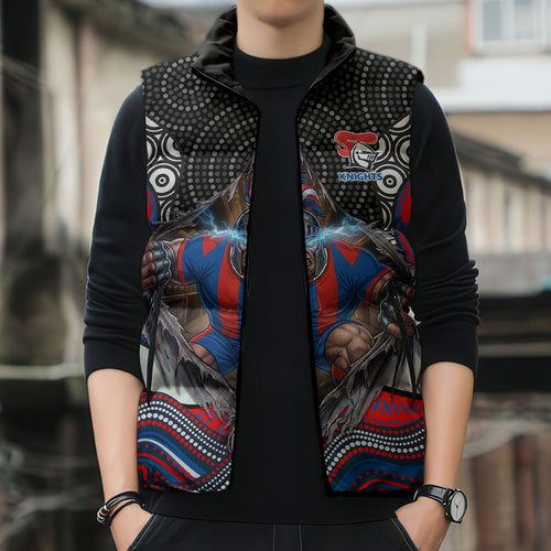 Newcastle Knights Sleeveless Puffer Jacket The Scream of Lightning Eyes - Indigenous Dot Ripping Effect