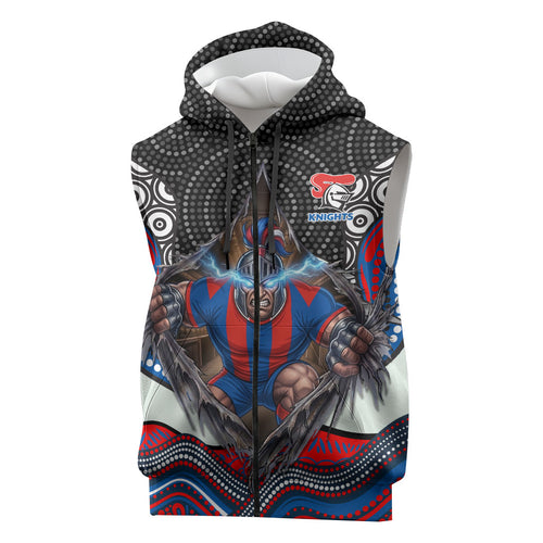 Newcastle Knights Sleeveless Zip Hoodie The Scream of Lightning Eyes - Indigenous Dot Ripping Effect