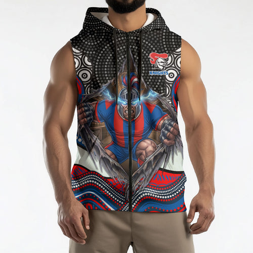 Newcastle Knights Sleeveless Zip Hoodie The Scream of Lightning Eyes - Indigenous Dot Ripping Effect