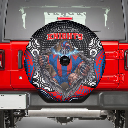 Newcastle Knights Spare Tire Cover The Scream of Lightning Eyes - Indigenous Dot Ripping Effect