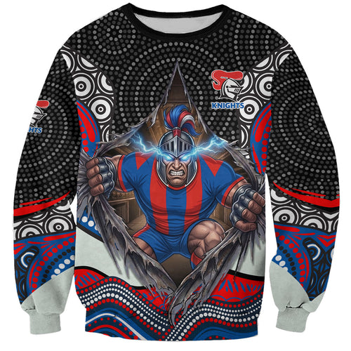Newcastle Knights Sweatshirt The Scream of Lightning Eyes - Indigenous Dot Ripping Effect