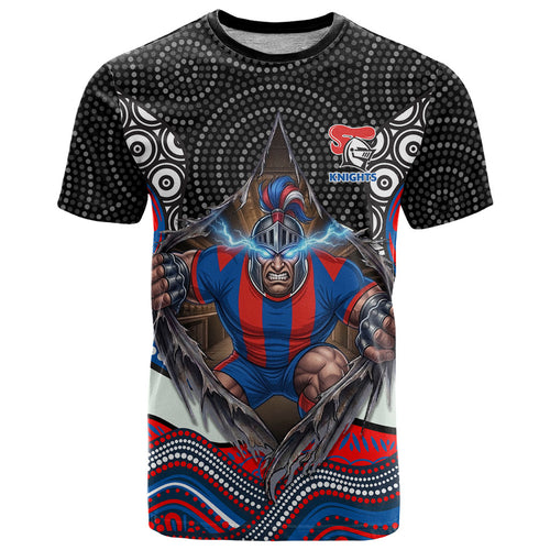 Newcastle Knights T Shirt The Scream of Lightning Eyes - Indigenous Dot Ripping Effect