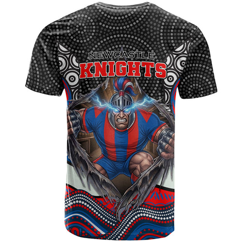 Newcastle Knights T Shirt The Scream of Lightning Eyes - Indigenous Dot Ripping Effect