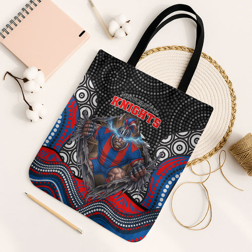 Newcastle Knights Tote Bag The Scream of Lightning Eyes - Indigenous Dot Ripping Effect