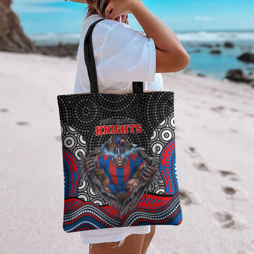 Newcastle Knights Tote Bag The Scream of Lightning Eyes - Indigenous Dot Ripping Effect