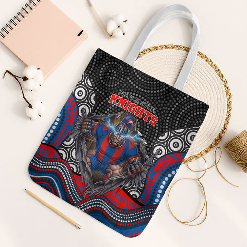 Newcastle Knights Tote Bag The Scream of Lightning Eyes - Indigenous Dot Ripping Effect
