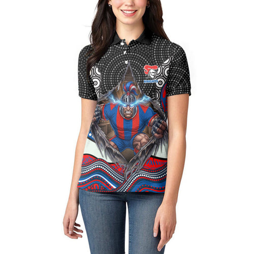 Newcastle Knights Women Polo Shirt The Scream of Lightning Eyes - Indigenous Dot Ripping Effect
