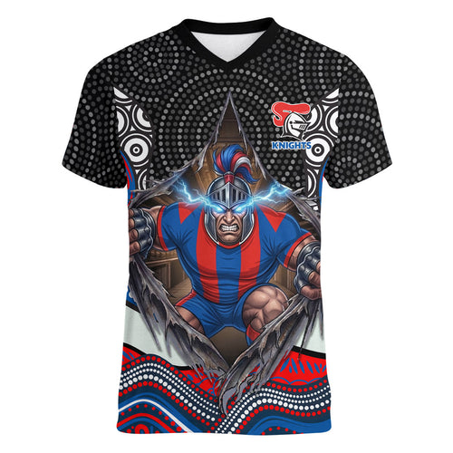 Newcastle Knights Women V-Neck T-Shirt The Scream of Lightning Eyes - Indigenous Dot Ripping Effect