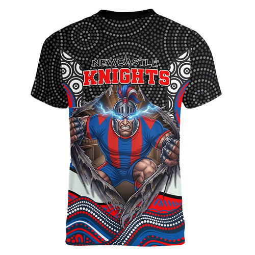 Newcastle Knights Women V-Neck T-Shirt The Scream of Lightning Eyes - Indigenous Dot Ripping Effect