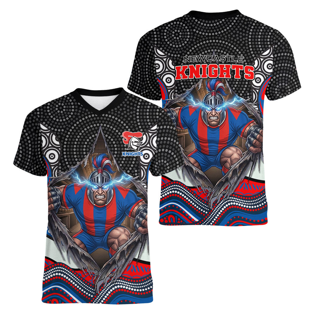 Newcastle Knights Women V-Neck T-Shirt The Scream of Lightning Eyes - Indigenous Dot Ripping Effect