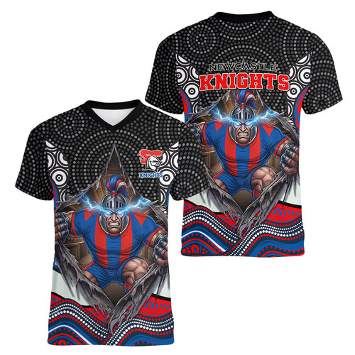 Newcastle Knights Women V-Neck T-Shirt The Scream of Lightning Eyes - Indigenous Dot Ripping Effect