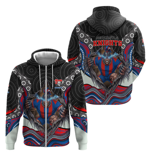 Newcastle Knights Zip Hoodie The Scream of Lightning Eyes - Indigenous Dot Ripping Effect