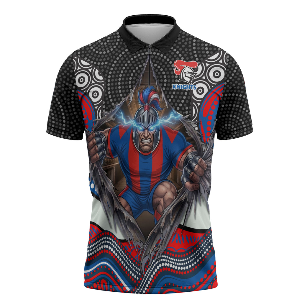 Newcastle Knights Zipper Polo Shirt The Scream of Lightning Eyes - Indigenous Dot Ripping Effect