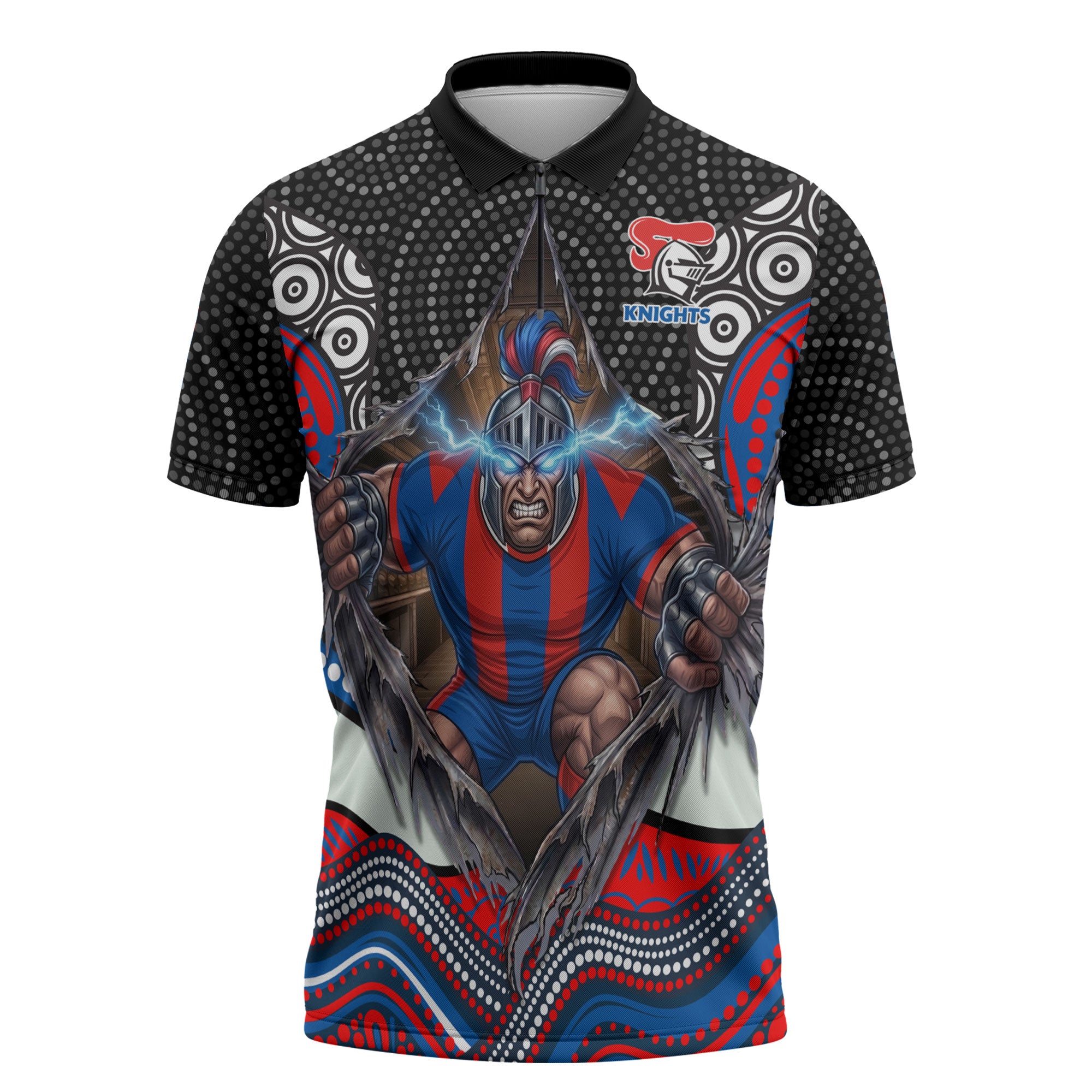 Newcastle Knights Zipper Polo Shirt The Scream of Lightning Eyes - Indigenous Dot Ripping Effect