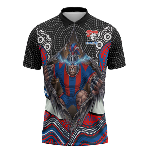 Newcastle Knights Zipper Polo Shirt The Scream of Lightning Eyes - Indigenous Dot Ripping Effect