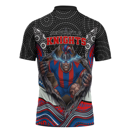 Newcastle Knights Zipper Polo Shirt The Scream of Lightning Eyes - Indigenous Dot Ripping Effect