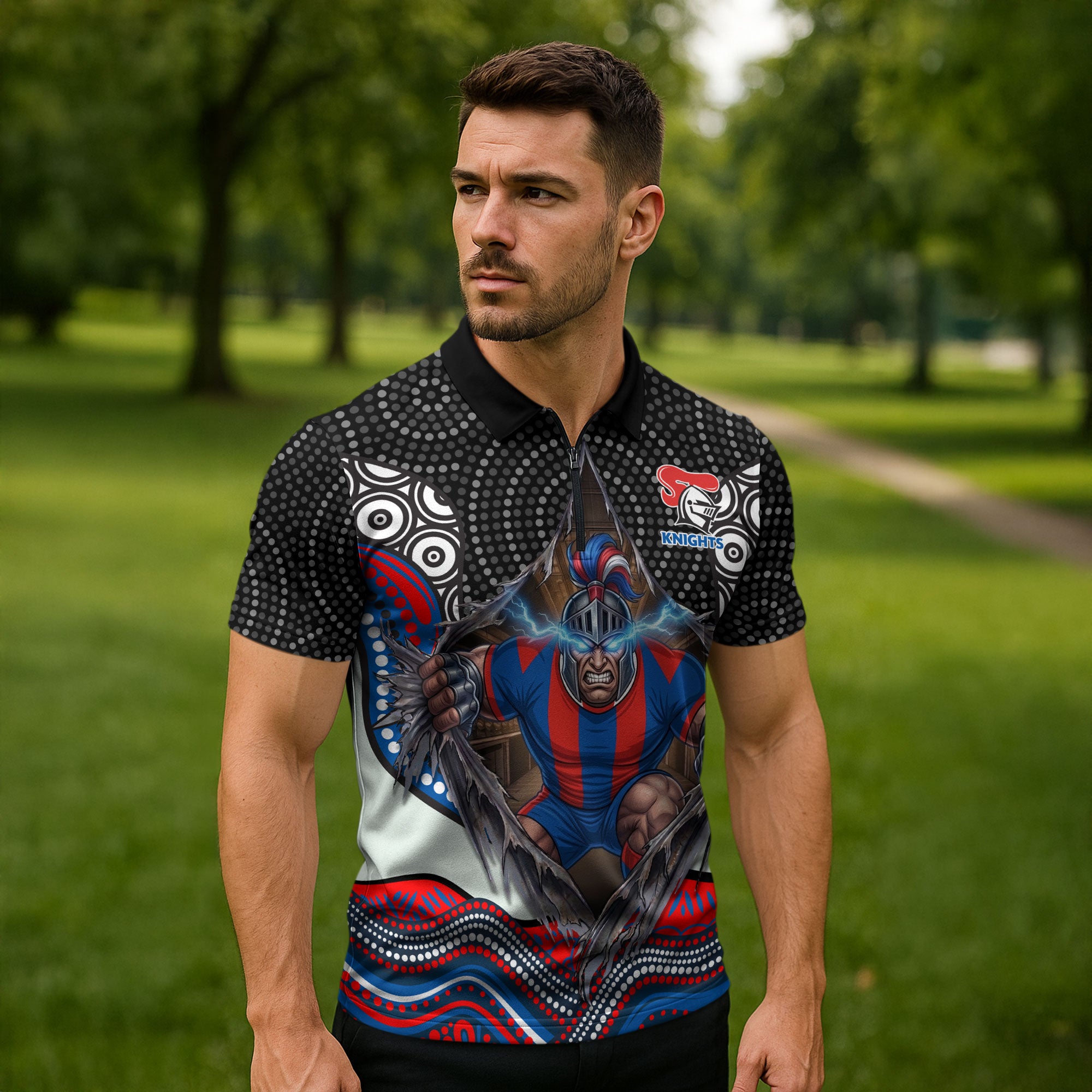 Newcastle Knights Zipper Polo Shirt The Scream of Lightning Eyes - Indigenous Dot Ripping Effect