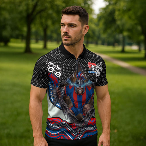 Newcastle Knights Zipper Polo Shirt The Scream of Lightning Eyes - Indigenous Dot Ripping Effect