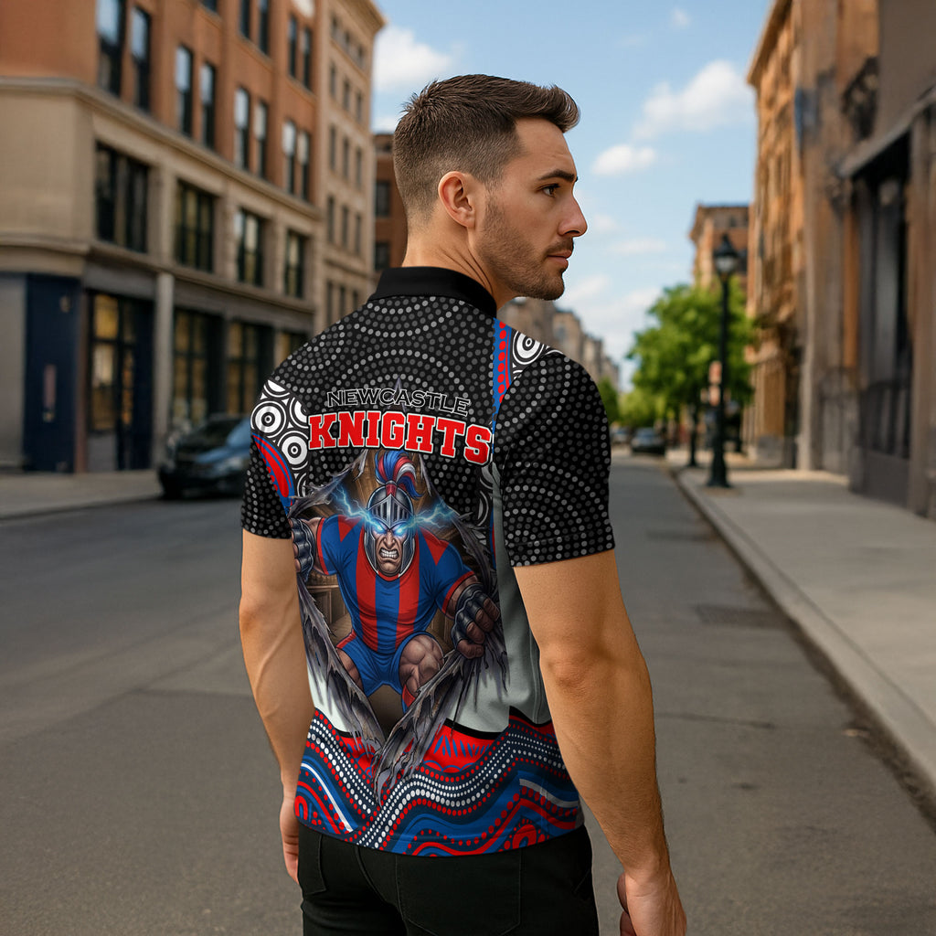 Newcastle Knights Zipper Polo Shirt The Scream of Lightning Eyes - Indigenous Dot Ripping Effect
