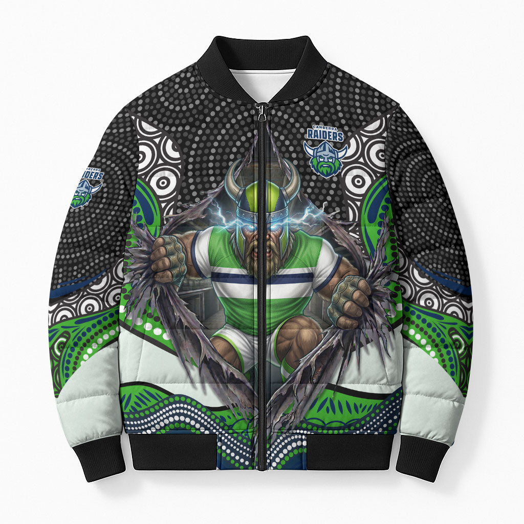 Canberra Raiders Bomber Puffer Jacket The Scream of Lightning Eyes - Indigenous Dot Ripping Effect