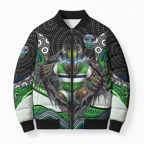 Canberra Raiders Bomber Puffer Jacket The Scream of Lightning Eyes - Indigenous Dot Ripping Effect