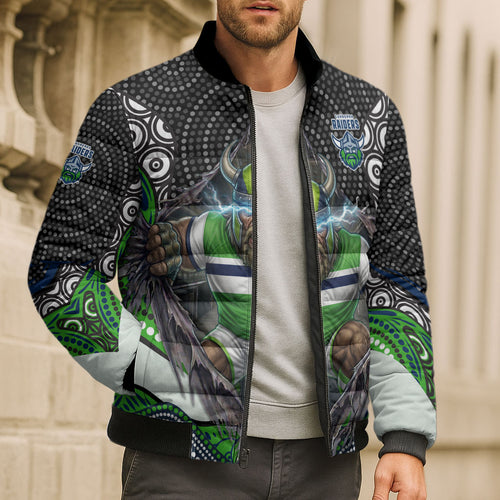 Canberra Raiders Bomber Puffer Jacket The Scream of Lightning Eyes - Indigenous Dot Ripping Effect