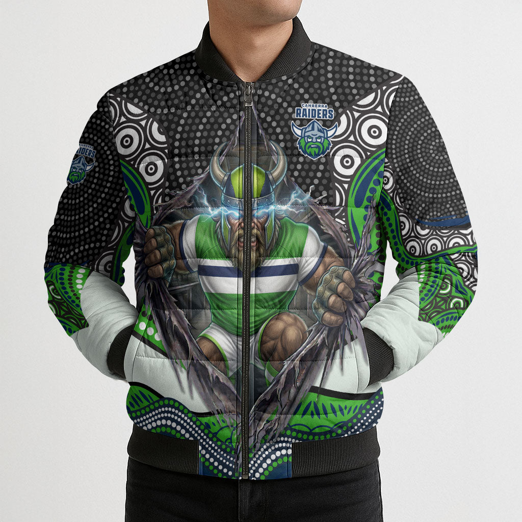 Canberra Raiders Bomber Puffer Jacket The Scream of Lightning Eyes - Indigenous Dot Ripping Effect
