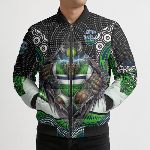 Canberra Raiders Bomber Puffer Jacket The Scream of Lightning Eyes - Indigenous Dot Ripping Effect