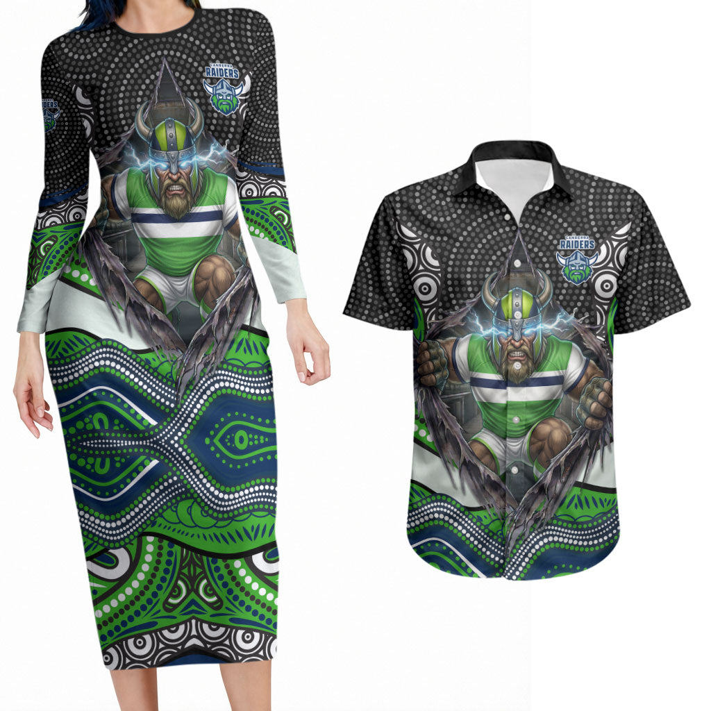Canberra Raiders Couples Matching Long Sleeve Bodycon Dress and Hawaiian Shirt The Scream of Lightning Eyes - Indigenous Dot Ripping Effect
