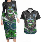 Canberra Raiders Couples Matching Long Sleeve Bodycon Dress and Hawaiian Shirt The Scream of Lightning Eyes - Indigenous Dot Ripping Effect