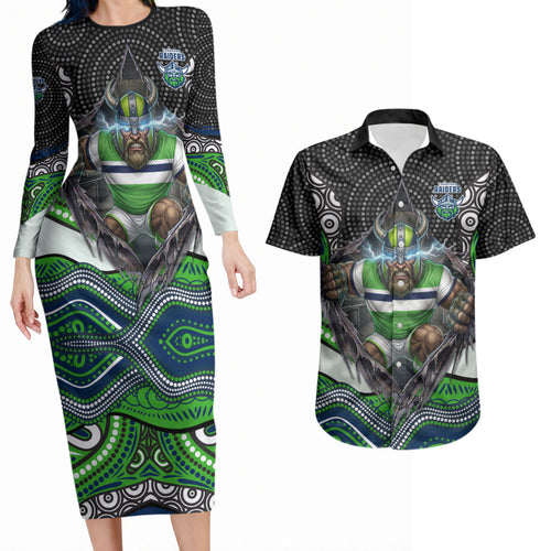 Canberra Raiders Couples Matching Long Sleeve Bodycon Dress and Hawaiian Shirt The Scream of Lightning Eyes - Indigenous Dot Ripping Effect