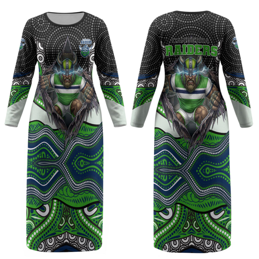Canberra Raiders Couples Matching Long Sleeve Bodycon Dress and Hawaiian Shirt The Scream of Lightning Eyes - Indigenous Dot Ripping Effect
