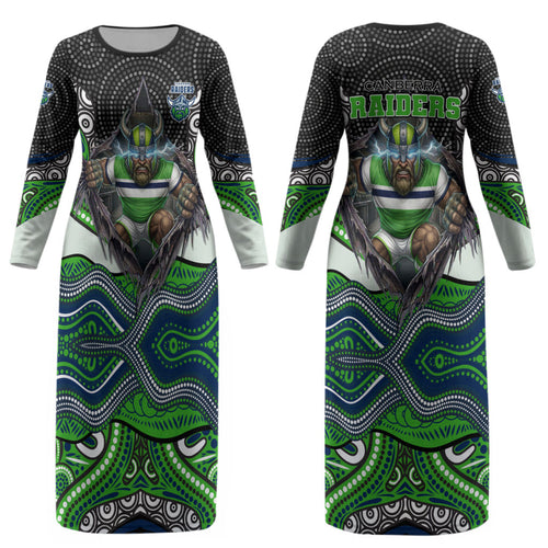 Canberra Raiders Couples Matching Long Sleeve Bodycon Dress and Hawaiian Shirt The Scream of Lightning Eyes - Indigenous Dot Ripping Effect