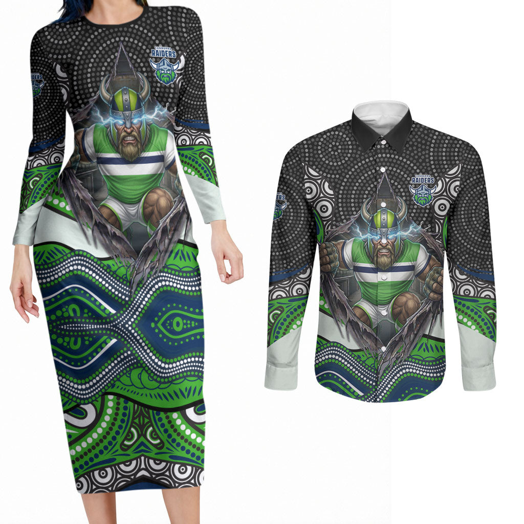 Canberra Raiders Couples Matching Long Sleeve Bodycon Dress and Long Sleeve Button Shirt The Scream of Lightning Eyes - Indigenous Dot Ripping Effect