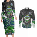 Canberra Raiders Couples Matching Long Sleeve Bodycon Dress and Long Sleeve Button Shirt The Scream of Lightning Eyes - Indigenous Dot Ripping Effect