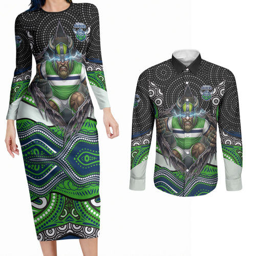 Canberra Raiders Couples Matching Long Sleeve Bodycon Dress and Long Sleeve Button Shirt The Scream of Lightning Eyes - Indigenous Dot Ripping Effect