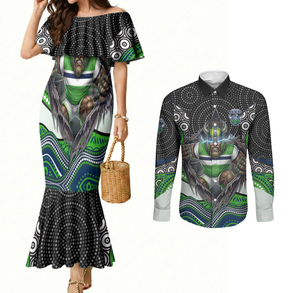 Canberra Raiders Couples Matching Mermaid Dress and Long Sleeve Button Shirt The Scream of Lightning Eyes - Indigenous Dot Ripping Effect