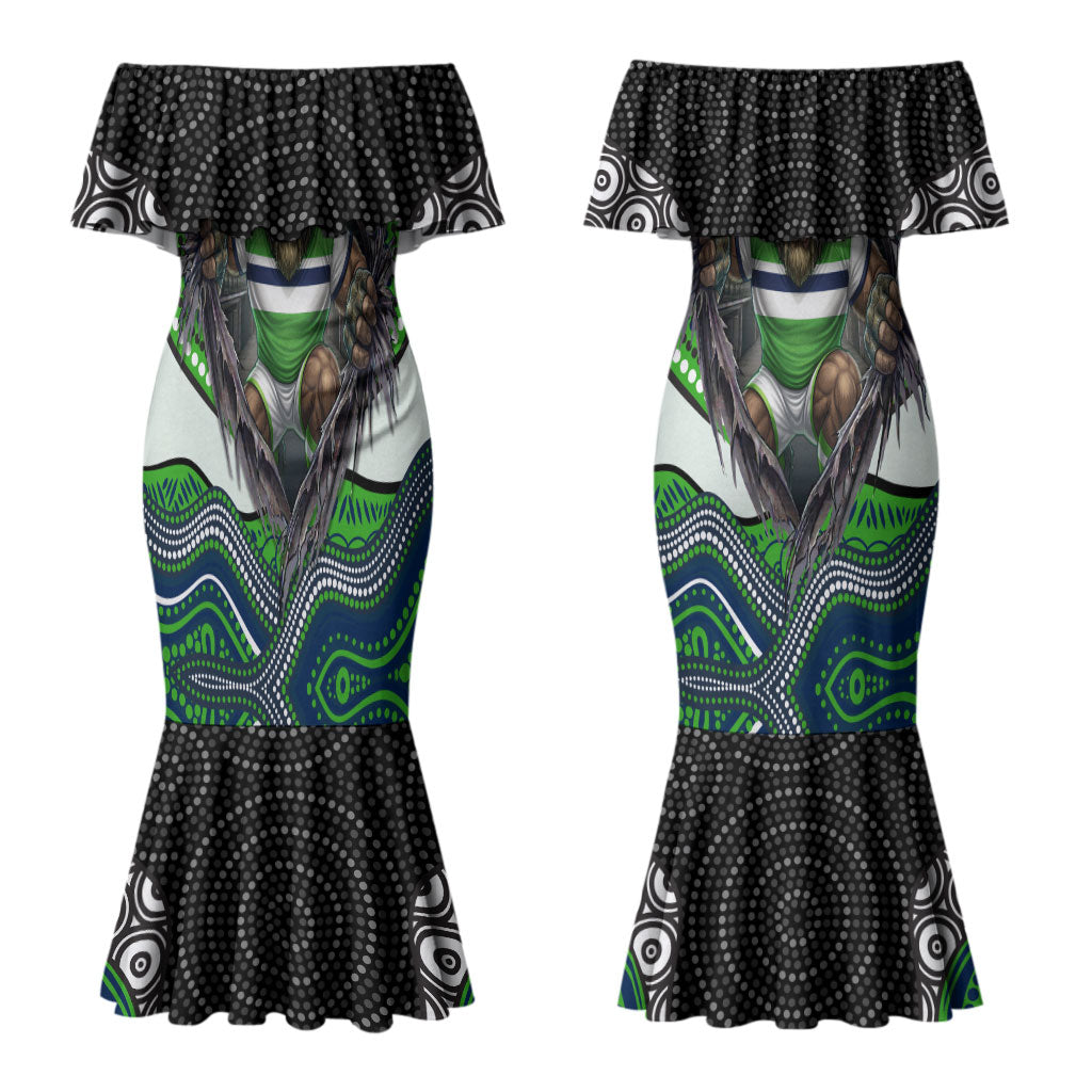 Canberra Raiders Couples Matching Mermaid Dress and Long Sleeve Button Shirt The Scream of Lightning Eyes - Indigenous Dot Ripping Effect